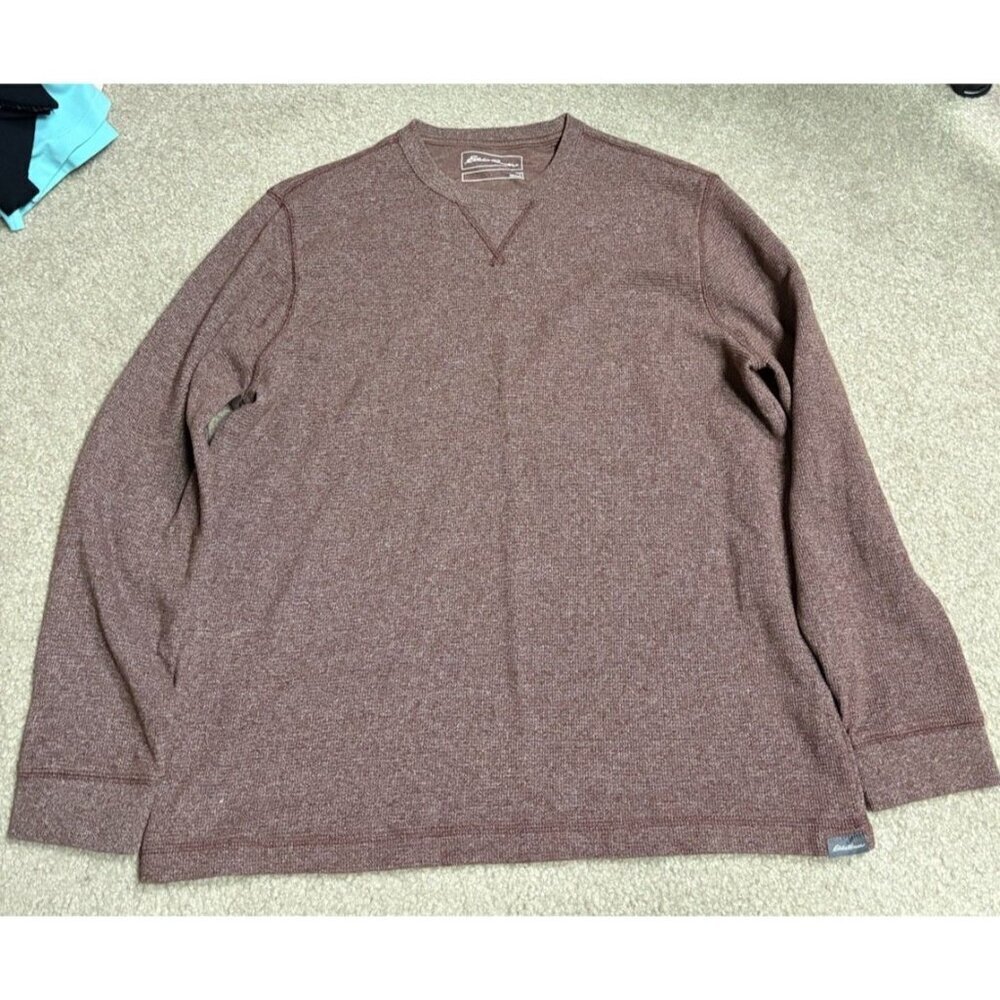 Eddie Bauer Thermal Shirt Mens L Brown Waffle Knit Crew Neck Pullover Outdoors - Picture 1 of 3